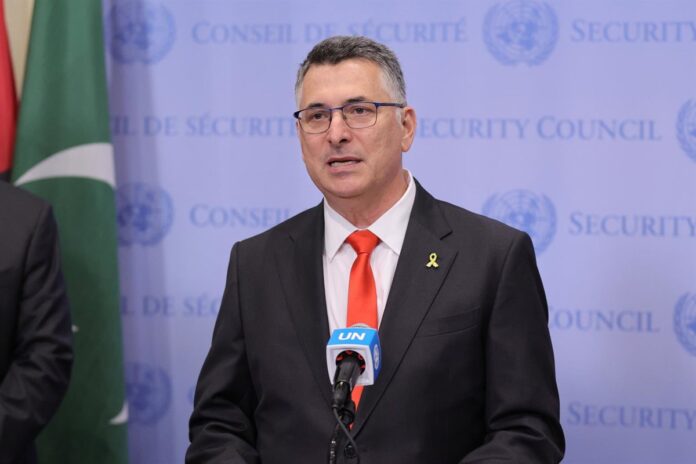 Israels Foreign Minister Gideon Saar Holds Press Briefing Ahead Of UN Security Council Meeting